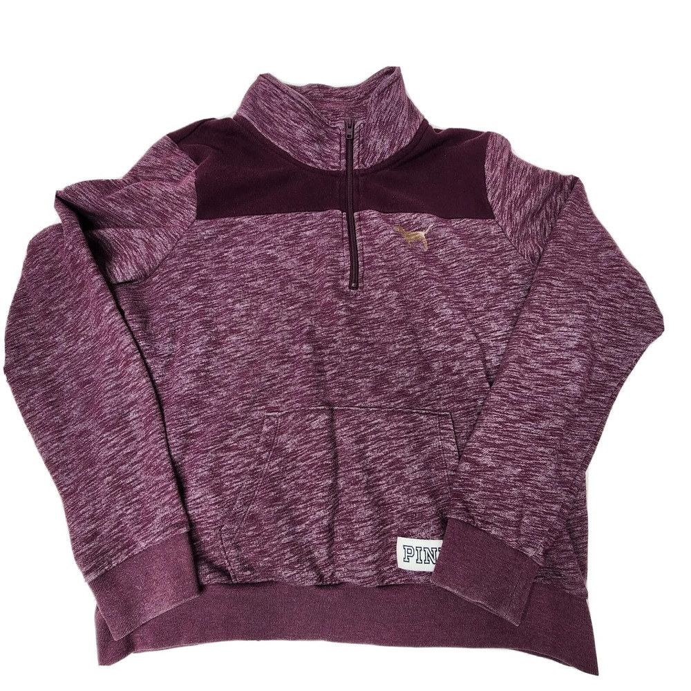 Victoria's Secret PINK Womens Large Maroon Quarter 1/4 Zip Dog Print Logo Patch